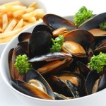 steamed mussels with white wine, and french fries